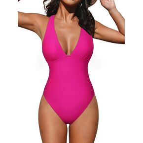Hilor Women's Sexy Plunge V Neck One Piece Swimsuit Push Up Cheeky High Cut Bathing Suit Criss Cross Swimwear