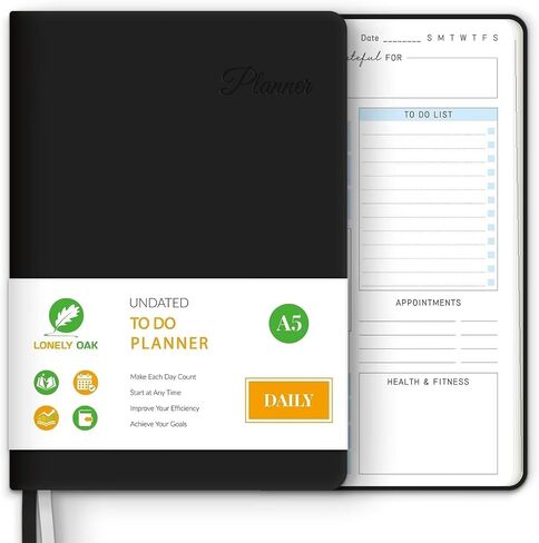 دفتر ملاحظات To Do Planner، مخطط يومي غير مؤرخ للجدول الزمني، مجلة جدول أعمال من جلد البولي يوريثان الناعم لتحسين إدارة الوقت، وتتبع العادات وقائمة الأهداف - ابدأ في أي وقت، 5.8 بوصة × 8.5 بوصة (أسود) in Saudi Arabia