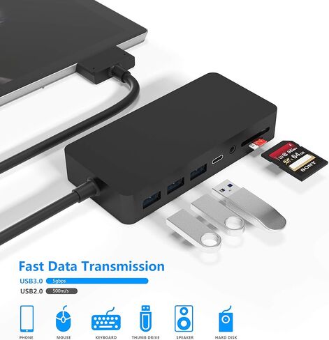 قاعدة تركيب Surface Pro لمنصة Surface Pro 4/5/6 مع HDMI وVGA وDP ومنفذ RJ-45 جيجابت إيثرنت و3 منافذ USB 3.0 ومنفذ مزامنة USB C ومنفذ إخراج الصوت وقارئ بطاقات SD/TF ومنفذ USB صغير ميناء in Kuwait