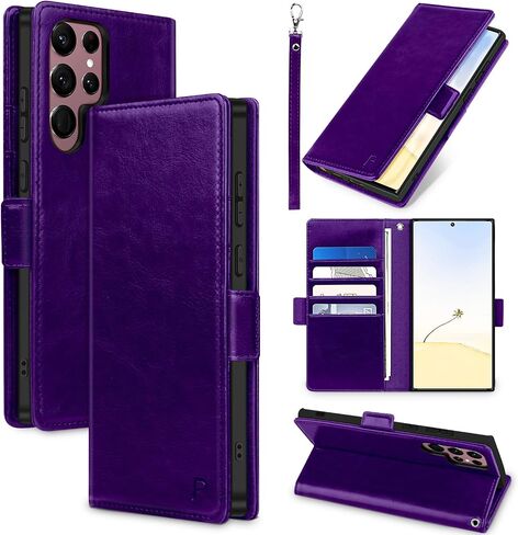 for Samsung Galaxy S22 Ultra Case Leather Wallet with Card Holder[ RFID Blocking] 360 Full Shockproof Protection Magnetic Closure Phone Cover & Wrist Strap for Galaxy S22 Ultra 6.8-Burgundy in Saudi Arabia
