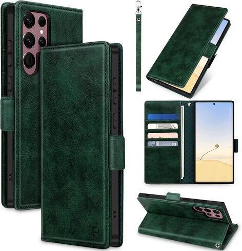 for Samsung Galaxy S22 Ultra Case Leather Wallet with Card Holder[ RFID Blocking] 360 Full Shockproof Protection Magnetic Closure Phone Cover & Wrist Strap for Galaxy S22 Ultra 6.8-Burgundy in Saudi Arabia