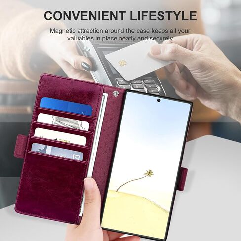 حافظة جلدية لهاتف سامسونج جالاكسي S22 الترا مع حامل بطاقة [حجب RFID] حماية كاملة ضد الصدمات 360 درجة وغطاء هاتف مغناطيسي وحزام معصم لهاتف جالاكسي S22 أرجواني غامق للغاية in Kuwait