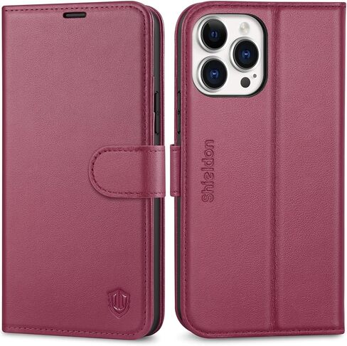حافظة SHIELDON لهاتف iPhone 13 Pro Max 5G، حافظة محفظة من الجلد الأصلي، غطاء قابل للطي، فتحات بطاقات RFID، إغلاق مغناطيسي، حافظة ممتصة للصدمات متوافقة مع iPhone 13 Pro Max (6.7 بوصة 2021) - أحمر in Kuwait