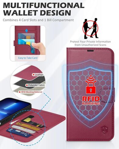 حافظة SHIELDON لهاتف iPhone 13 Pro Max 5G، حافظة محفظة من الجلد الأصلي، غطاء قابل للطي، فتحات بطاقات RFID، إغلاق مغناطيسي، حافظة ممتصة للصدمات متوافقة مع iPhone 13 Pro Max (6.7 بوصة 2021) - أحمر in Kuwait