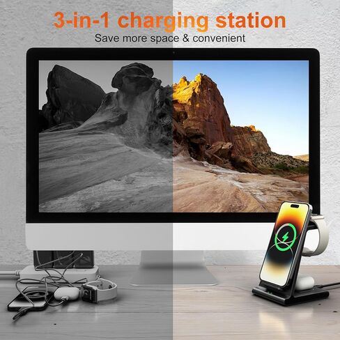 محطة شحن لاسلكية لهاتف iPhone، حامل شاحن لاسلكي لسلسلة iPhone 15 Pro Max/15 Pro/15 Plus/14 Pro Max/14/13/12/11، شاحن iWatch لساعة Apple Ultra 2/9/8/7/6/ 5/SE، لسماعات Airpods Pro2 in Kuwait