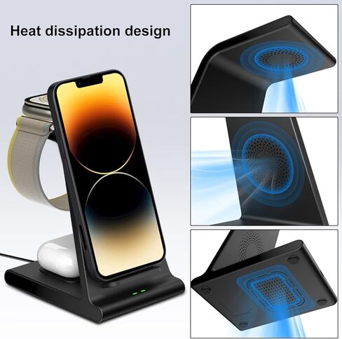 محطة شحن لاسلكية لهاتف iPhone، حامل شاحن لاسلكي لسلسلة iPhone 15 Pro Max/15 Pro/15 Plus/14 Pro Max/14/13/12/11، شاحن iWatch لساعة Apple Ultra 2/9/8/7/6/ 5/SE، لسماعات Airpods Pro2 in Kuwait