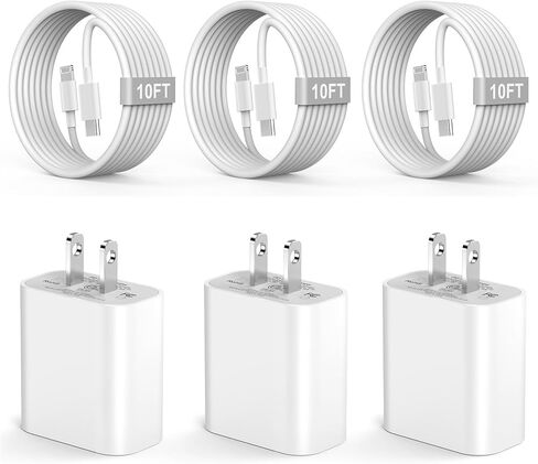 شاحن iPhone سريع الشحن [معتمد من MFi]، مجموعة شاحن حائط USB-C بقوة 20 وات مع كابل USB C بطول 10 أقدام إلى Lightning لهاتف iPhone 14/14 Pro/14 Pro Max/14 Plus/13/13 Pro/13 Pro Max/12 /11/XS/XR/8/7 in Kuwait