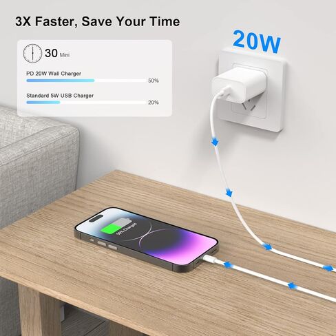 شاحن iPhone سريع الشحن [معتمد من MFi]، مجموعة شاحن حائط USB-C بقوة 20 وات مع كابل USB C بطول 10 أقدام إلى Lightning لهاتف iPhone 14/14 Pro/14 Pro Max/14 Plus/13/13 Pro/13 Pro Max/12 /11/XS/XR/8/7 in Kuwait