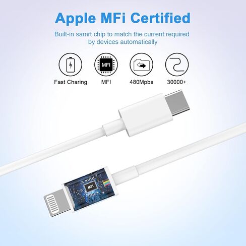 شاحن iPhone سريع الشحن [معتمد من MFi]، مجموعة شاحن حائط USB-C بقوة 20 وات مع كابل USB C بطول 10 أقدام إلى Lightning لهاتف iPhone 14/14 Pro/14 Pro Max/14 Plus/13/13 Pro/13 Pro Max/12 /11/XS/XR/8/7 in Kuwait