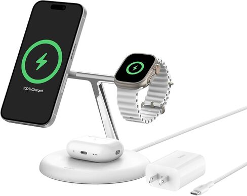 حامل شحن لاسلكي 3 في 1 من بيلكين مع تقنية MagSafe المغناطيسية المتوافقة مع Qi2 بقدرة 15 وات، شاحن iPhone سريع الشحن لسلسلة iPhone 15 و14 و13 وAirPods وApple Watch والمزيد (يشمل PSU) - أبيض in Kuwait