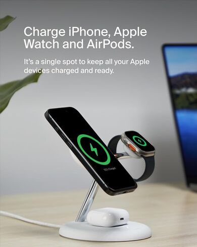 حامل شحن لاسلكي 3 في 1 من بيلكين مع تقنية MagSafe المغناطيسية المتوافقة مع Qi2 بقدرة 15 وات، شاحن iPhone سريع الشحن لسلسلة iPhone 15 و14 و13 وAirPods وApple Watch والمزيد (يشمل PSU) - أبيض in Kuwait