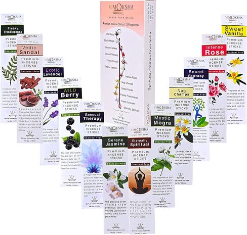 Vimoksha Incense-Sticks-Exotic-World-Aroma-6 Unique-Scents-100%-Natural-Handmade-(90 Sticks (108GM))-Organic-Chemicals-Free for-Relaxation-Positivity-Yoga-Meditation in Kuwait