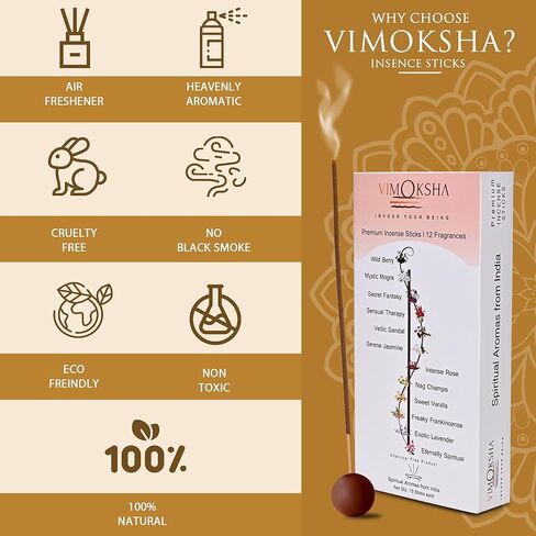 Vimoksha Incense-Sticks-Exotic-World-Aroma-6 Unique-Scents-100%-Natural-Handmade-(90 Sticks (108GM))-Organic-Chemicals-Free for-Relaxation-Positivity-Yoga-Meditation in Kuwait