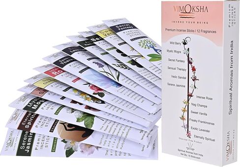 Vimoksha Incense-Sticks-Exotic-World-Aroma-6 Unique-Scents-100%-Natural-Handmade-(90 Sticks (108GM))-Organic-Chemicals-Free for-Relaxation-Positivity-Yoga-Meditation in Kuwait