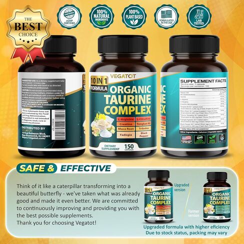 VEGATOT Organic Taurine Complex 7,500mg - 10IN1 Formula with L-Arginine, L-Citrulline, Creatine - for Muscle, Vision Wellness - Made in The USA (150 Count (Pack of 1)) in Saudi Arabia