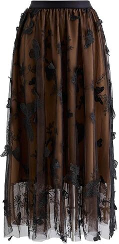 CHICWISH Women's 3D Butterfly Double-Layered Mesh Midi Skirt in Saudi Arabia