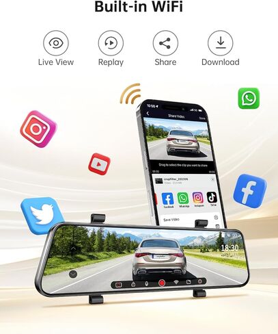 E22 10" Rear View Mirror Camera with WiFi, Touch Screen 2K Smart Rear View Mirror Backup Camera for Car, Voice Control Loop Recording 24H Parking Mode, WDR, Easy to Install, Max Suppot to 128GB in Kuwait