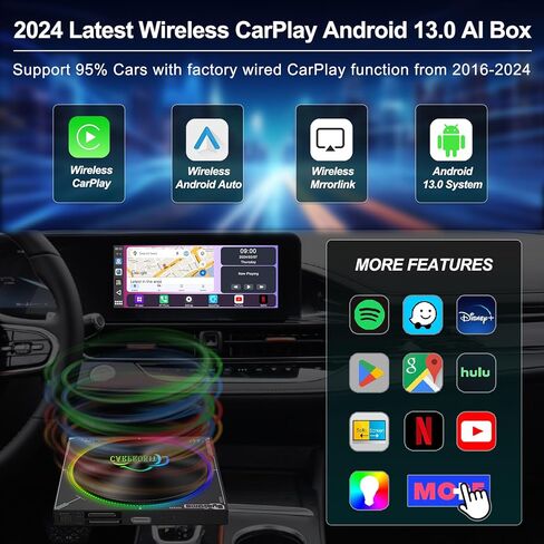 CPK680 PRO Car Wireless CarPlay Android Auto Converter Mirroring Magic AI Box، نظام تشغيل Android 13.0، 8 جيجابايت + 128 جيجابايت، يدعم YouTube Netflix Hulu Disney +، للسيارات 2016-2024 مع CarPlay السلكية من المصنع in Kuwait