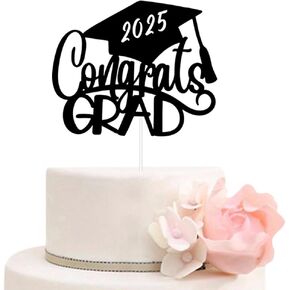 Congrats Grad 2025 Cake Topper, Class of 2025 Graduation Party Decorations for High School College Graduates, Black Glitter