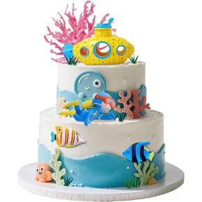 Under The Sea Cake Decor Ocean Cake Toppers Under The Sea Party Supplies Submarines, Divers, Coral Reefs，Tropical Fish Cake Decor