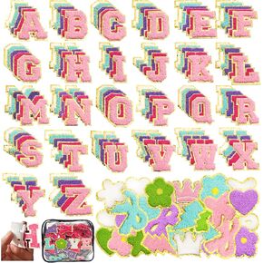 200PCS Self-Adhesive Chenille Patches, Gold Edged Alphabet Letters & 70 Shapes for Clothing, Jackets, Bags - No Sew DIY Crafts (Flower, Star, Heart, Multicolor) (200)