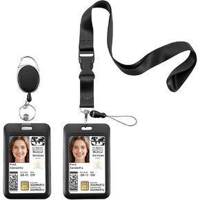 2PCS PIV Card Holder-1 Retratable Reel PIV Card Bage and 1 Lanyard PIV Card Case,Black