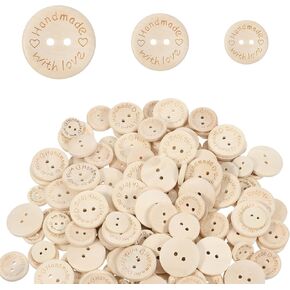 150Pcs Wooden Buttons for Crochet 15/20/25mm Round Wood Buttons Handmade with Love for Craft Sewing 2 Holes Assorted Craft Button for Crafts Scrapbooking Clothes Sweater Projects