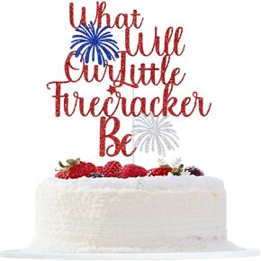 What Will Our Little Firecracker Be Cake Topper, Little Firecracker Gender Reveal Cake Topper, Boy or Girl, 4th of July Patriotic Baby Shower Party Decorations Glitter