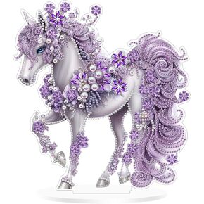 Yunzlly Tabletop Diamond Art Painting Kit for Adults, Desktop Acrylic Diamonds Painting Ornament, DIY Stand Up Gem Painting Board (Purple Horse)