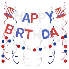 4th of July Patriotic Happy Birthday Banner Red White Blue American Independence Day Birthday Party Decorations, Fourth of July Patriotic Birthday Party Decorations