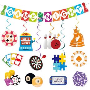 Game Night Decorations Funny Game Night Party Decorations with Chess Chess Card Game On Theme Banner Hanging Siwrls Ceiling Streamers Stickers for Kids Adults Family Games Night Party