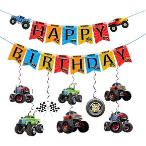 Monster Truck Birthday Decorations Set Monster Truck Party Supplies with 1Pcs Banner and 9Pcs Swirls for Kids Monster Truck Theme Party Decor for Boy
