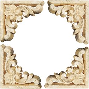 4Pcs Unfinished Wood Appliques Onlays, 2.36"x2.36" DIY Wooden Carved Corner Decor for Furniture Cabinet Door Wardrobe Mirror, Home Decor