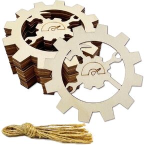 20 Pieces 4 inch Unfinished Gear Wood DIY Crafts Cutouts Wooden Steampunk Style Design Shaped Hanging Ornaments with Hole Hemp Ropes Gift Tags for Home Party Decoration Craft Project