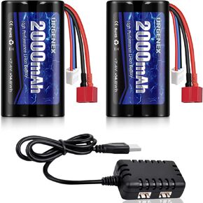 URGENEX Li-ion Battery 7.4V 2000mAh with Dean-Style T Plug 2S Rechargeable RC Battery Fit for WLtoys 4WD High Speed RC Cars and Most 1/10, 1/12, 1/16 Scale RC Cars Trucks with 1TO2 USB Charger