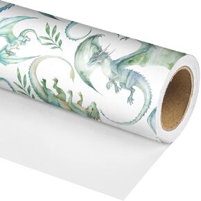 Dtiafu Dragon Wrapping Paper Roll for kids Boys Girls - Green Watercolor Drgon Design Gift Wrap for Birthday Baby Shower Holilday Party(Total 28.5sq.ft)