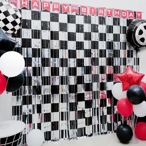 Race Car Birthday Party Decoration, 2 Pack Race Car Party Backdrop Photo Booth Prop, Black and Silver Checkered Fringe Curtains Tinsel Photo Streamers for One Happy Dude Race Car Theme Party Supplies