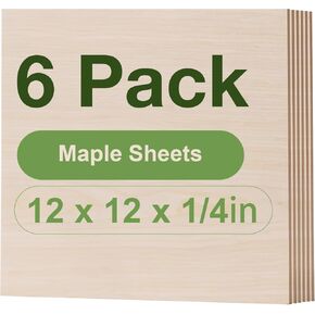 6 Pack Maple Plywood, 12 x 12 x 1/4 Inch Unfinished Balsa Wood for Laser Cutting and Engraving, 6mm Thin Wood Sheets for Wood Burning and DIY Project, ZXW-RM002