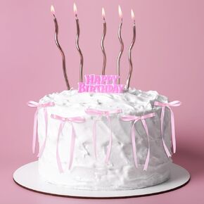 Riceshoot 6 Pcs 4.3x3.2in Bow Cake Topper Ribbon and pearl Cupcake Topper for Coquette Themed Party, Bridal Party Decoration, Birthday Candle Accessory, Engagement Dessert Decor(Pink)
