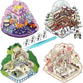 Cute 3D Stickers Scene 4 Sets, Fun DIY 3D House Stickers for Kids Adults Party Favors, Cute Cartoon Scene Sticker Relief Stress, Come with Fridge Magnets and Tweezer, Bigger Size