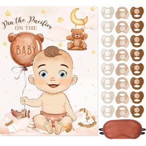 Faccito Pin The Pacifier Baby Shower Games Bear Baby Shower Decorations Include Large Poster 24 Stickers Blindfold Pin The Pacifier Game for Brown Bear Birthday Party Decorations Activities Supplies