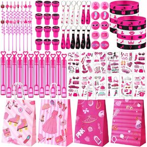 96 Pcs Pink Party Favors Hot Pink Princess Party Gifts Set Include Tattoos, Bracelets, Keychains, Badges, Toy Stamps, Straws, Gifts Bags, Bubble Water for Hot Girls