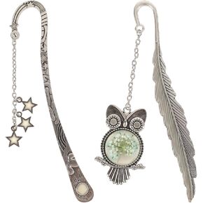2 Pcs Owl Stars Luminous Retro Metal Bookmark with Pendant Glow in Dark Reading Bookmarks Antique Feather Metal Book Mark Handmade Gemstone Pendant for Women Men Book Reading Lovers