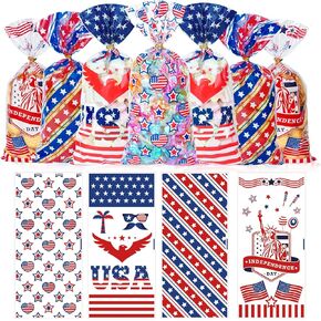 Lhocm 4th of July Treat Bags - 100 Pcs Happy Patriotic Day Plastic Cellophane Bag, Clear Fourth of July Gift Goodie Candy Favor Bags with Gold Twist Ties for Independence Day Party Favors Supplies