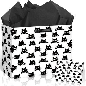 Funny Cat Birthday Gift Bag Black Cat Birthday Decorations Black Meow Gift Wrapping Paper Bag with Greeting Card for Boys Girls Baby Shower Halloween Party Favors Supplies