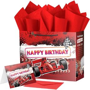 Ranfashiong Large 13" Racing Car Birthday Gift Bag with Tissue Paper for Wheel Club Party Supplies for Men Boys Teens Kids (Red)