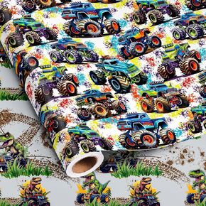 Dtiafu Reversible Monster Truck Wrapping Paper Roll for Boys Kids - Dinosaur in Pickup, Racing Car Gift Wrap Sheets for Birthday Baby Shower Holiday Party (Total 28.5sq.ft)