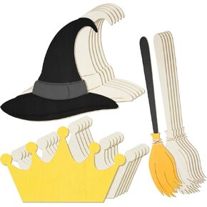 Weysat 18 Pcs Witch and Princess Craft Unfinished Wooden Cutout, 3 Styles Crown Witch's Hat and Broom Blank Wood Painting Art for Pink and Green Birthday Party Favors