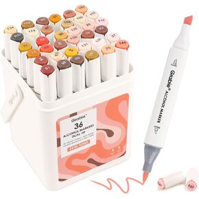 36 Colors Dual Tip Skin Tone&Hair Alcohol Markers, Chisel & Brush Alcohol Based Skin Color Marker Set with Case and Coloring Book, Alcohol-based Art Marker Set for Adults Coloring Illustration