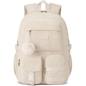 School Backpack for Teens Girls, Large Corduroy Bookbag Lightweight 17.3 inch Laptop Bag for Women Elementary Middle High School College Backpacks Students Travel Daypack - Beige
